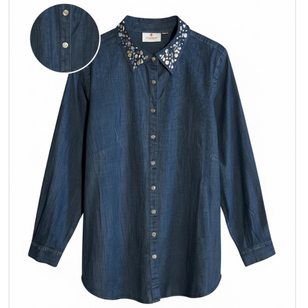 Quacker Factory Button Front Denim Tunic w/Rhinestone Collar Dark Indigo 1X